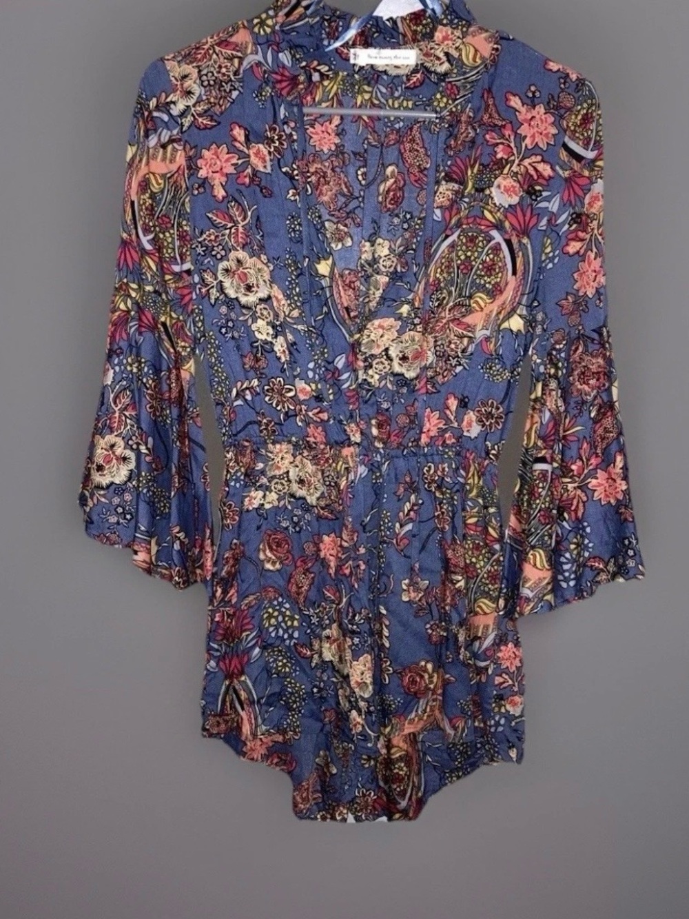 Here Comes The Sun Romper Blue Floral Bell Sleeves Boho Resortwear Beach Sz XS